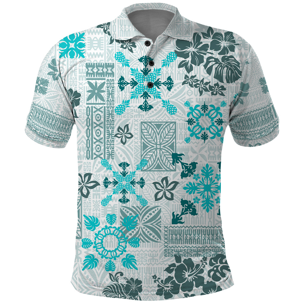 Hawaii Tapa Tribal Polo Shirt With Hawaiian Quilt Pattern Aqua - Wonder Print Shop