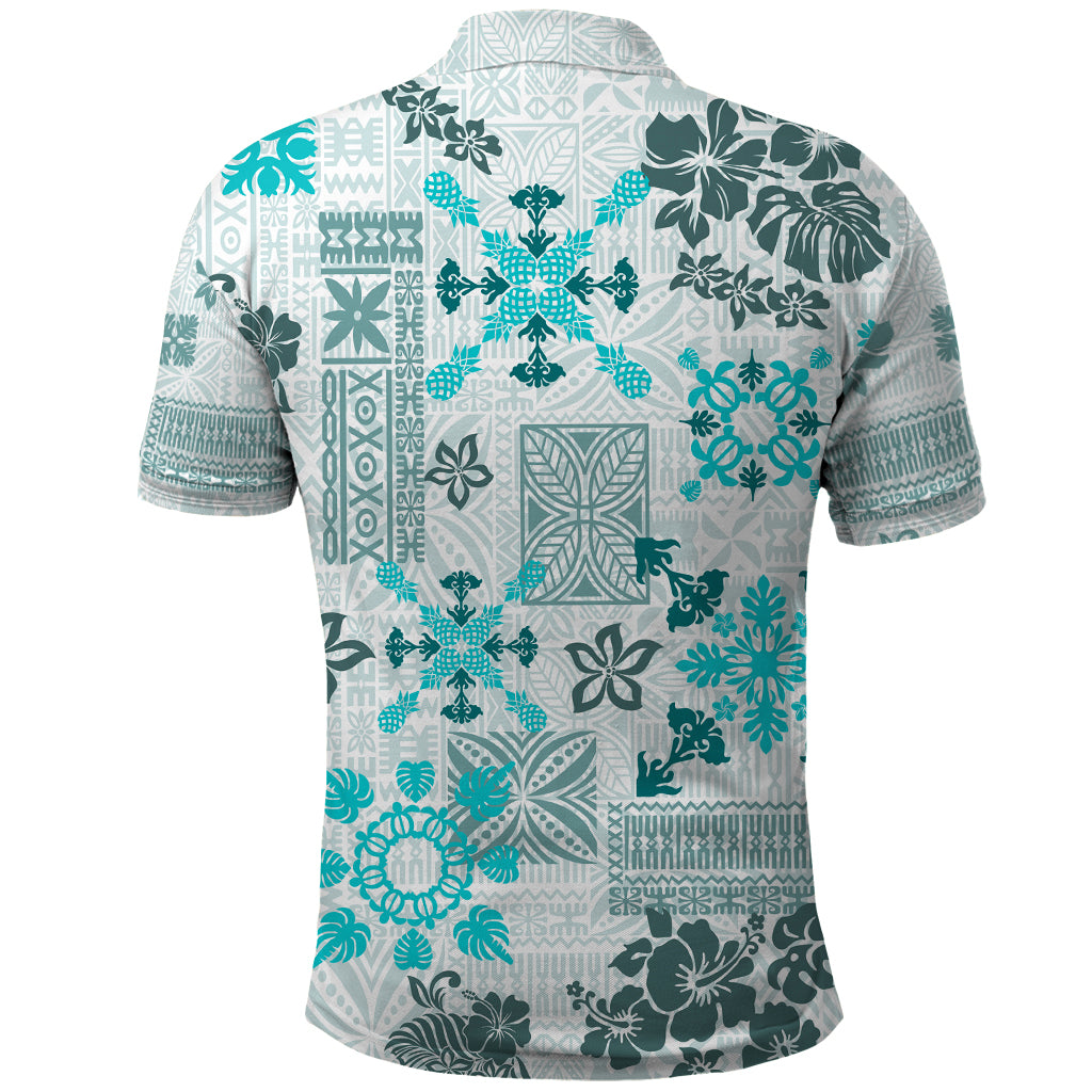 Hawaii Tapa Tribal Polo Shirt With Hawaiian Quilt Pattern Aqua - Wonder Print Shop