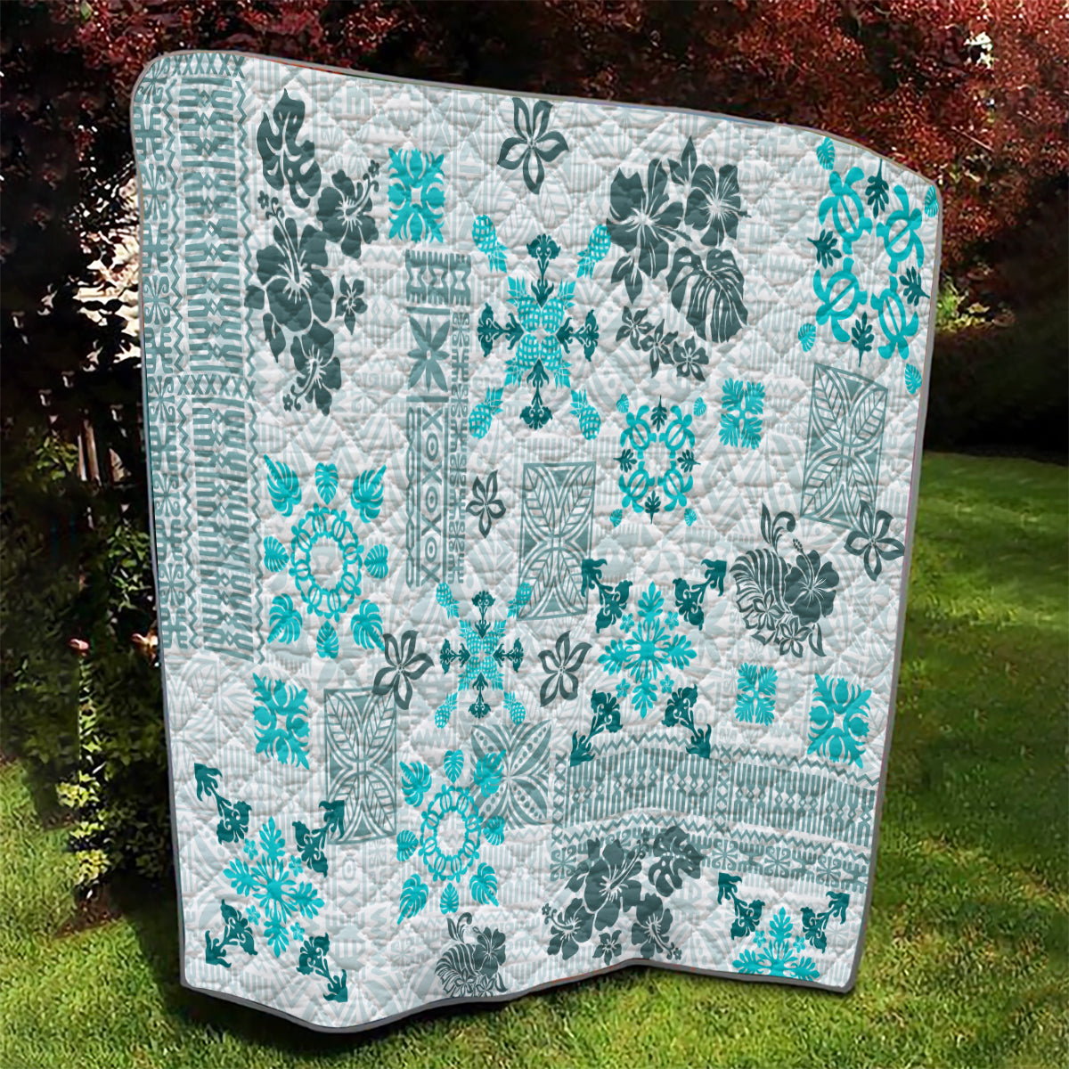 Hawaii Tapa Tribal Quilt With Hawaiian Quilt Pattern Aqua - Wonder Print Shop