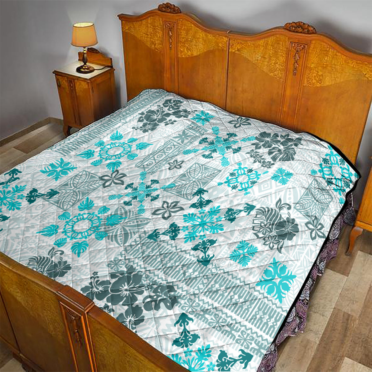 Hawaii Tapa Tribal Quilt With Hawaiian Quilt Pattern Aqua - Wonder Print Shop