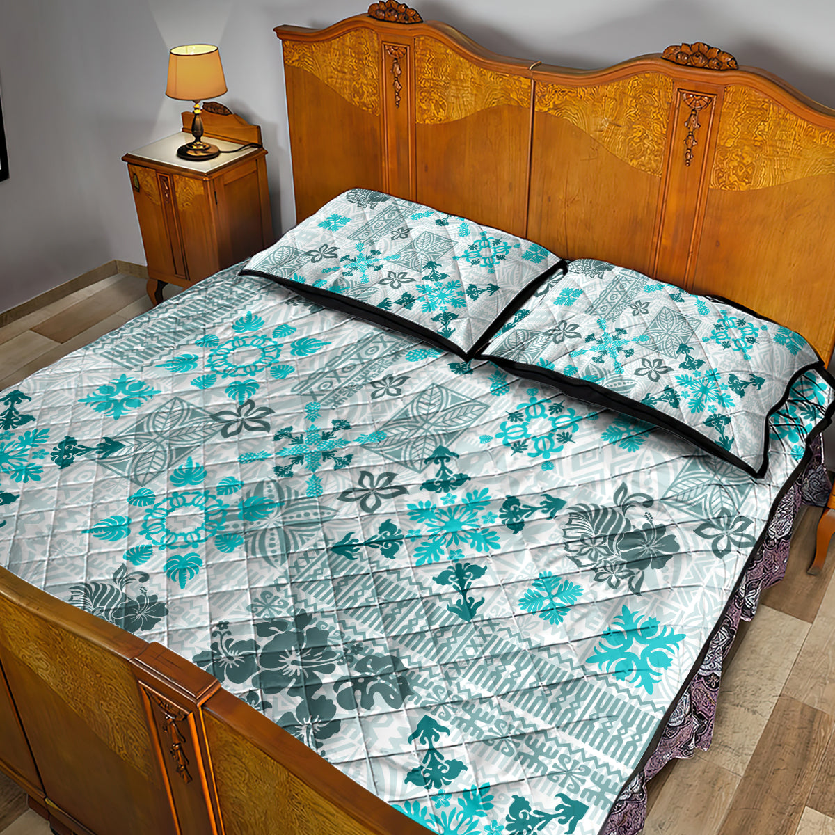 Hawaii Tapa Tribal Quilt Bed Set With Hawaiian Quilt Pattern Aqua - Wonder Print Shop
