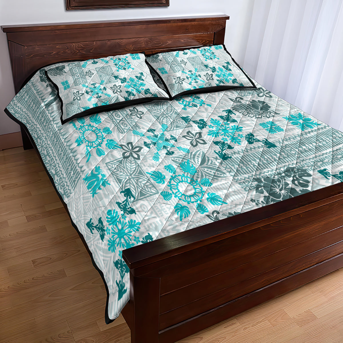Hawaii Tapa Tribal Quilt Bed Set With Hawaiian Quilt Pattern Aqua - Wonder Print Shop