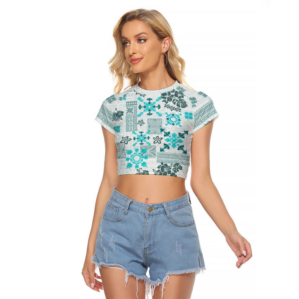 Hawaii Tapa Tribal Raglan Cropped T Shirt With Hawaiian Quilt Pattern Aqua - Wonder Print Shop