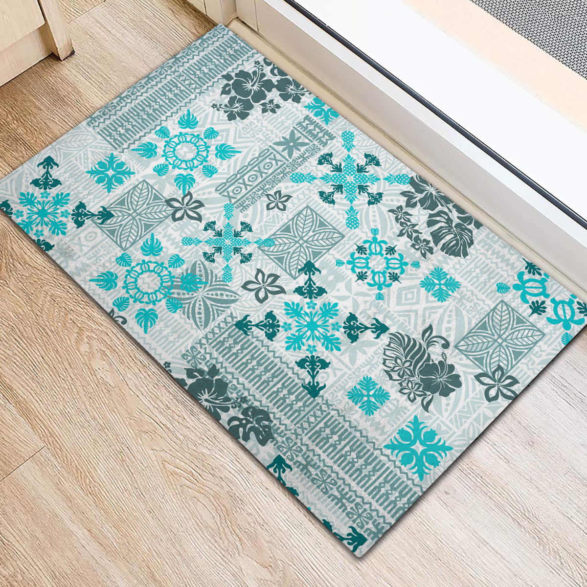 Hawaii Tapa Tribal Rubber Doormat With Hawaiian Quilt Pattern Aqua - Wonder Print Shop