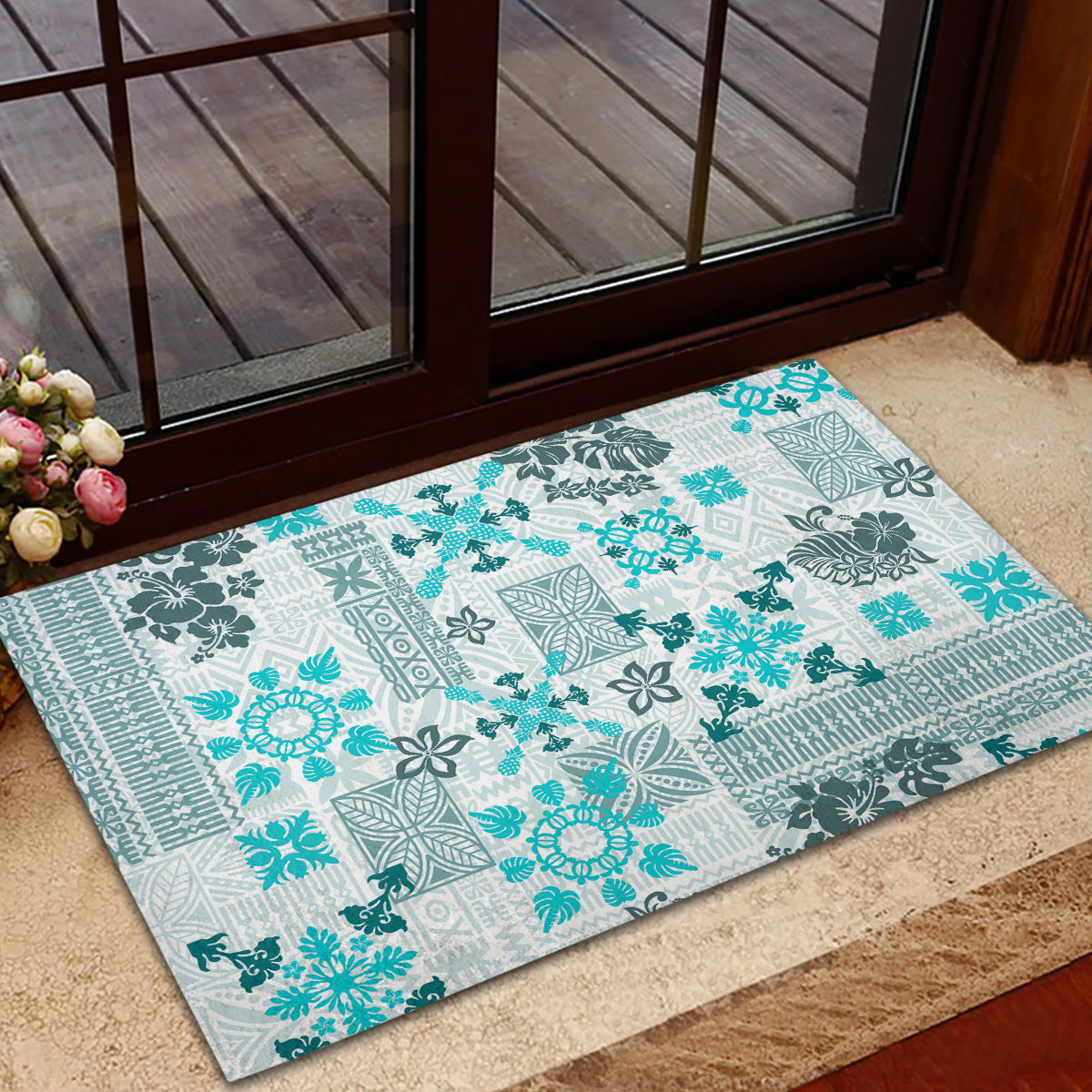 Hawaii Tapa Tribal Rubber Doormat With Hawaiian Quilt Pattern Aqua - Wonder Print Shop