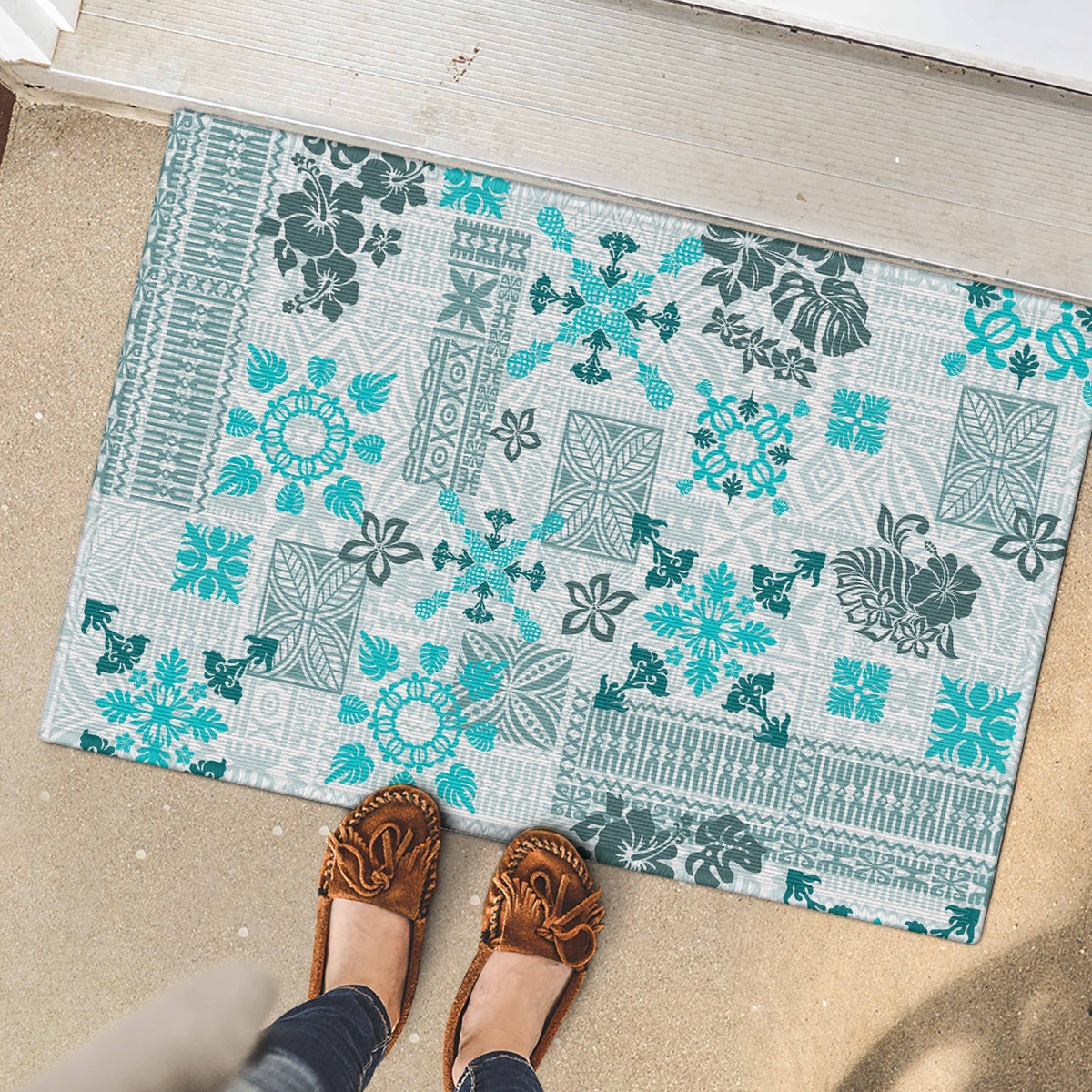 Hawaii Tapa Tribal Rubber Doormat With Hawaiian Quilt Pattern Aqua - Wonder Print Shop