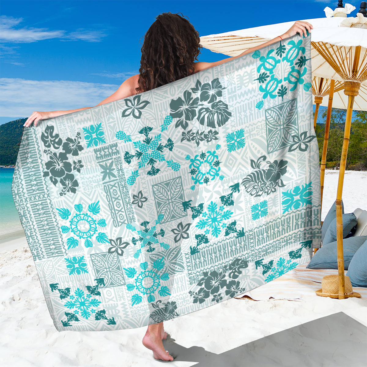 Hawaii Tapa Tribal Sarong With Hawaiian Quilt Pattern Aqua - Wonder Print Shop
