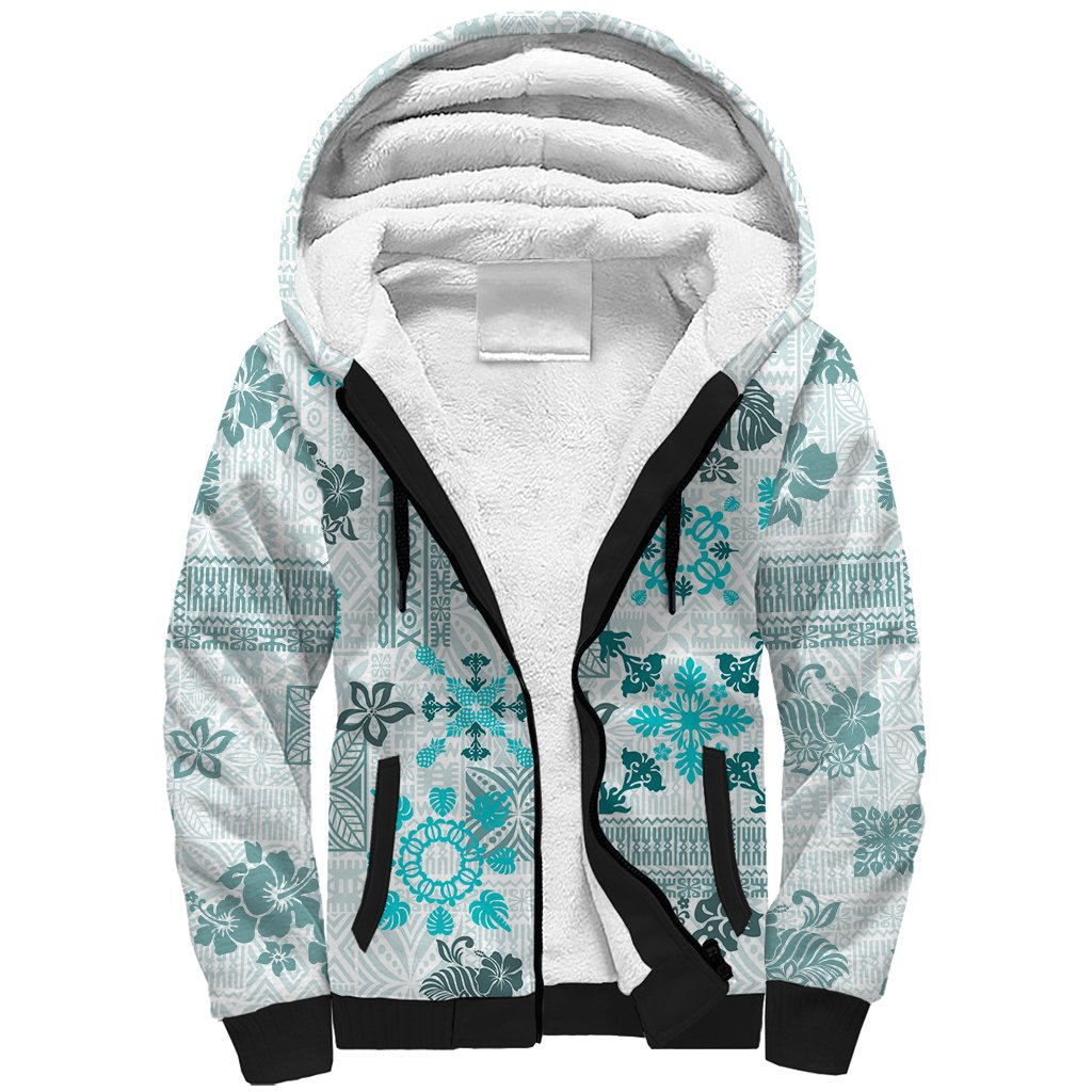 Hawaii Tapa Tribal Sherpa Hoodie With Hawaiian Quilt Pattern Aqua - Wonder Print Shop
