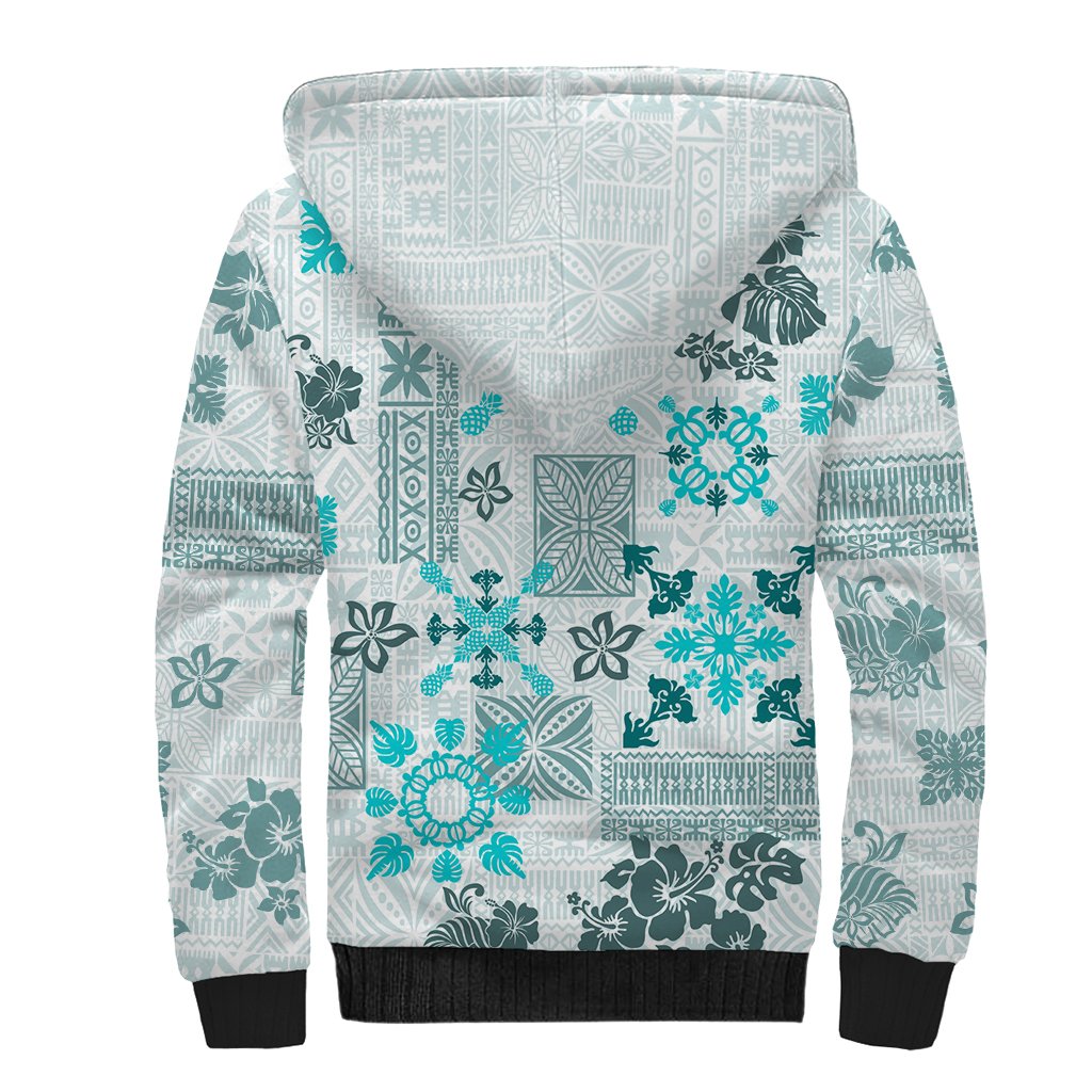 Hawaii Tapa Tribal Sherpa Hoodie With Hawaiian Quilt Pattern Aqua - Wonder Print Shop