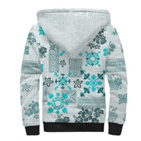 Hawaii Tapa Tribal Sherpa Hoodie With Hawaiian Quilt Pattern Aqua - Wonder Print Shop