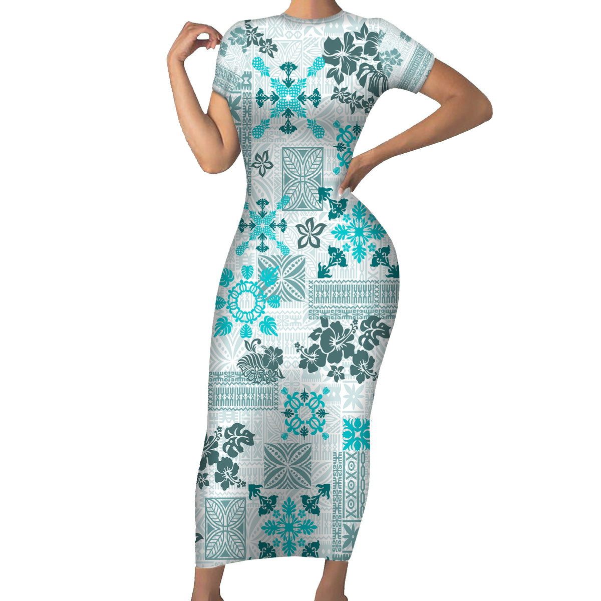Hawaii Tapa Tribal Short Sleeve Bodycon Dress With Hawaiian Quilt Pattern Aqua - Wonder Print Shop