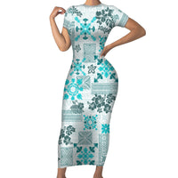 Hawaii Tapa Tribal Short Sleeve Bodycon Dress With Hawaiian Quilt Pattern Aqua - Wonder Print Shop