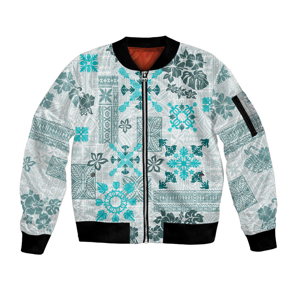 Hawaii Tapa Tribal Sleeve Zip Bomber Jacket With Hawaiian Quilt Pattern Aqua - Wonder Print Shop