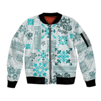 Hawaii Tapa Tribal Sleeve Zip Bomber Jacket With Hawaiian Quilt Pattern Aqua - Wonder Print Shop