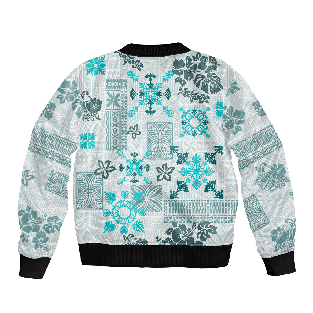 Hawaii Tapa Tribal Sleeve Zip Bomber Jacket With Hawaiian Quilt Pattern Aqua - Wonder Print Shop