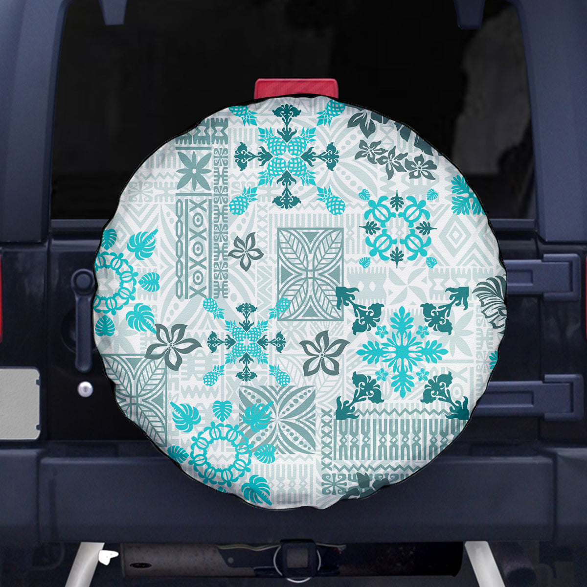Hawaii Tapa Tribal Spare Tire Cover With Hawaiian Quilt Pattern Aqua - Wonder Print Shop