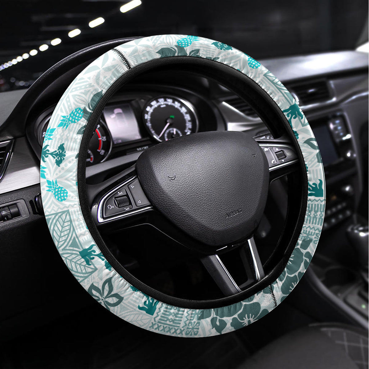 Hawaii Tapa Tribal Steering Wheel Cover With Hawaiian Quilt Pattern Aqua - Wonder Print Shop