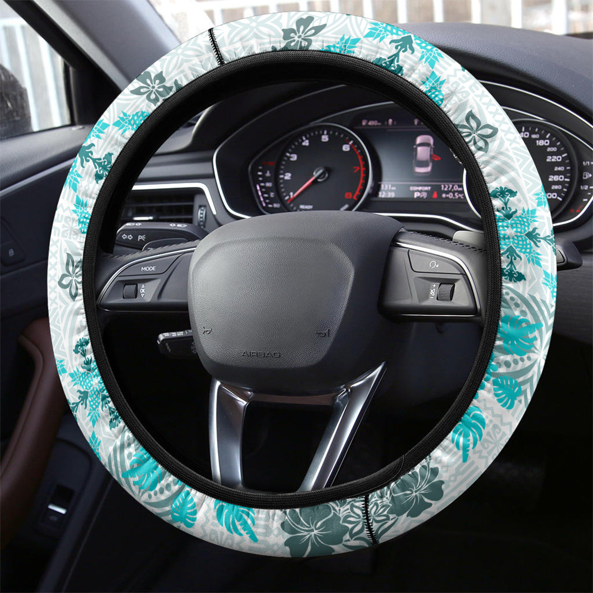 Hawaii Tapa Tribal Steering Wheel Cover With Hawaiian Quilt Pattern Aqua - Wonder Print Shop