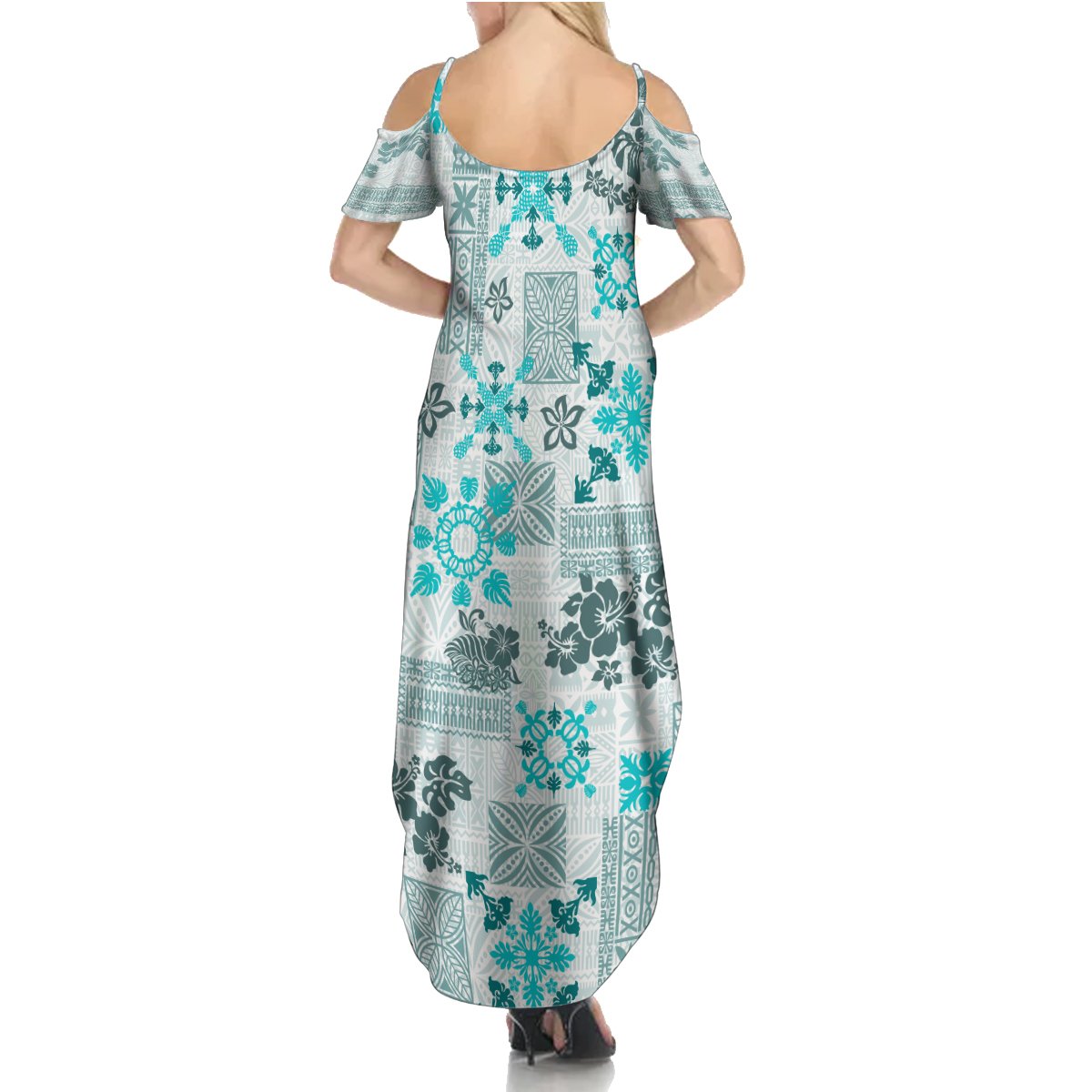 Hawaii Tapa Tribal Summer Maxi Dress With Hawaiian Quilt Pattern Aqua - Wonder Print Shop