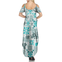 Hawaii Tapa Tribal Summer Maxi Dress With Hawaiian Quilt Pattern Aqua - Wonder Print Shop