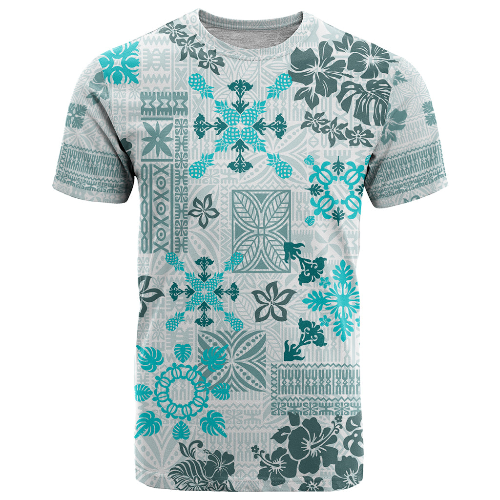 Hawaii Tapa Tribal T Shirt With Hawaiian Quilt Pattern Aqua - Wonder Print Shop