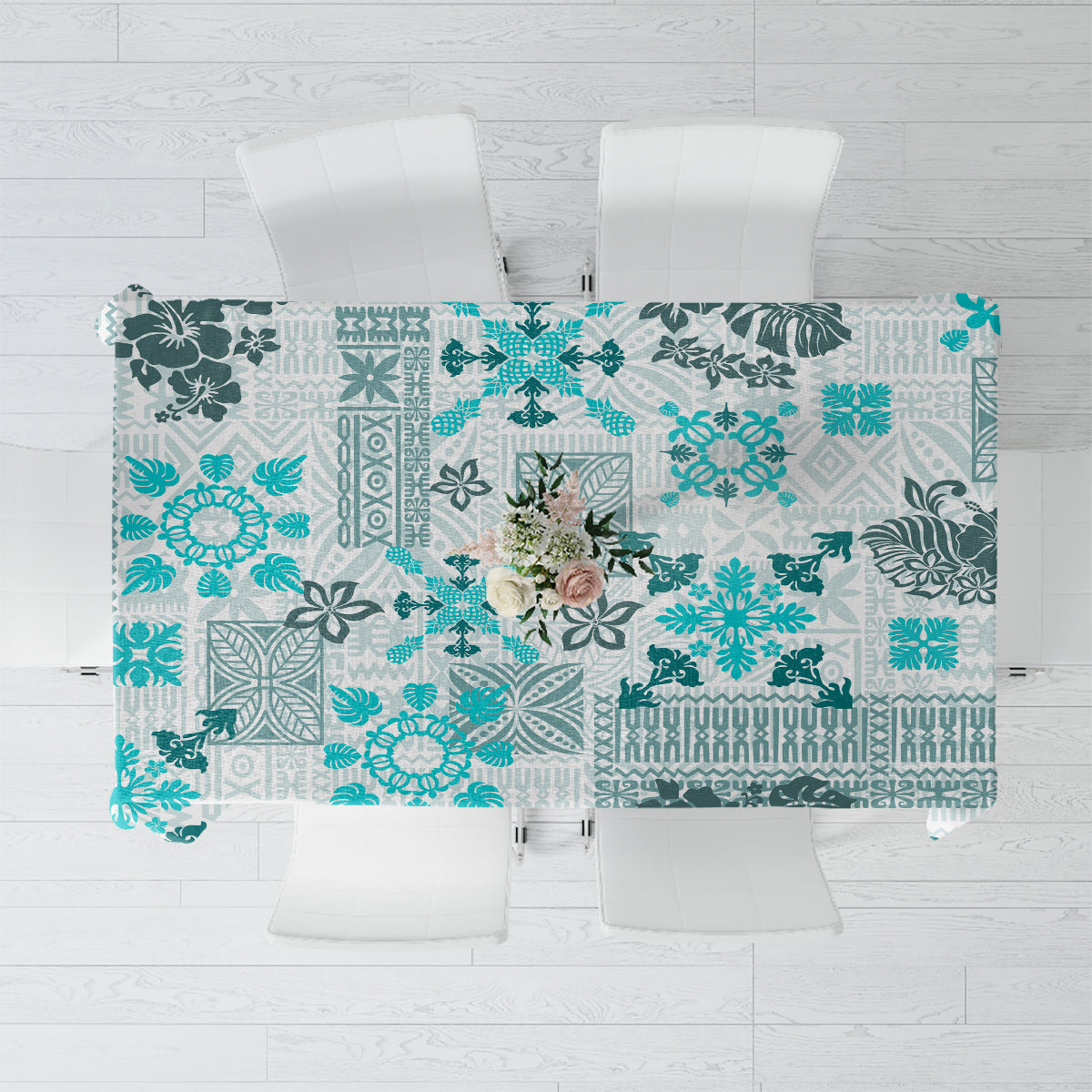 Hawaii Tapa Tribal Tablecloth With Hawaiian Quilt Pattern Aqua - Wonder Print Shop