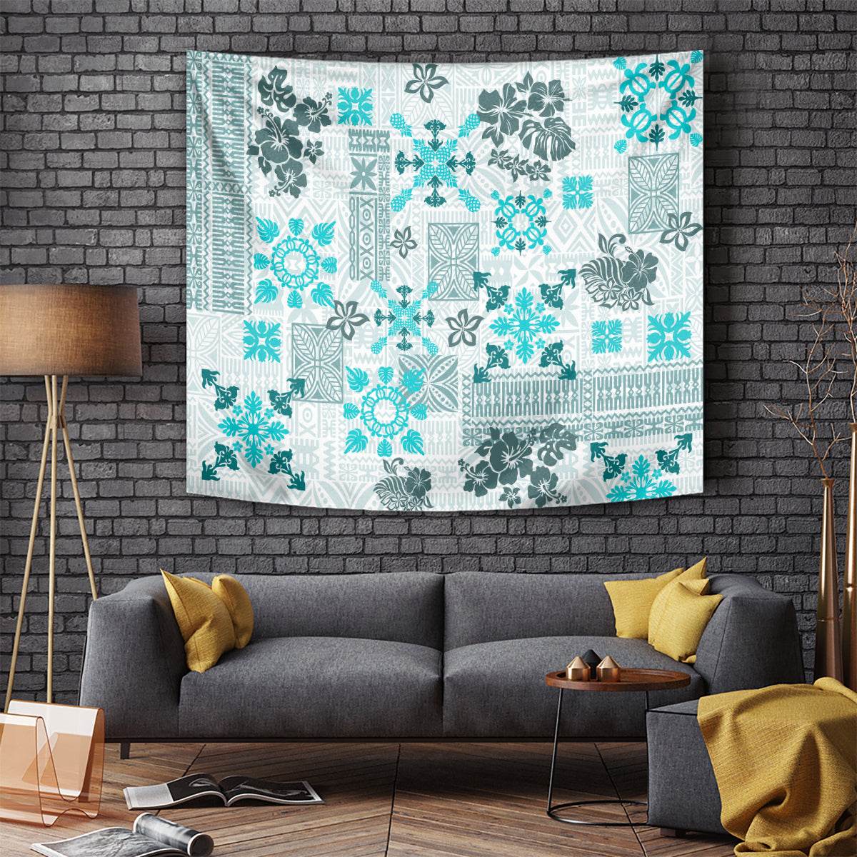 Hawaii Tapa Tribal Tapestry With Hawaiian Quilt Pattern Aqua - Wonder Print Shop
