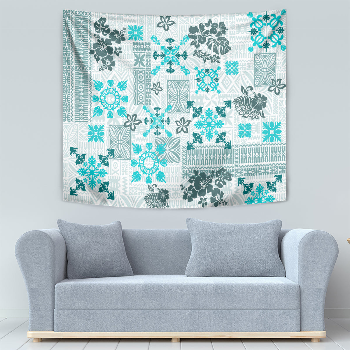 Hawaii Tapa Tribal Tapestry With Hawaiian Quilt Pattern Aqua - Wonder Print Shop