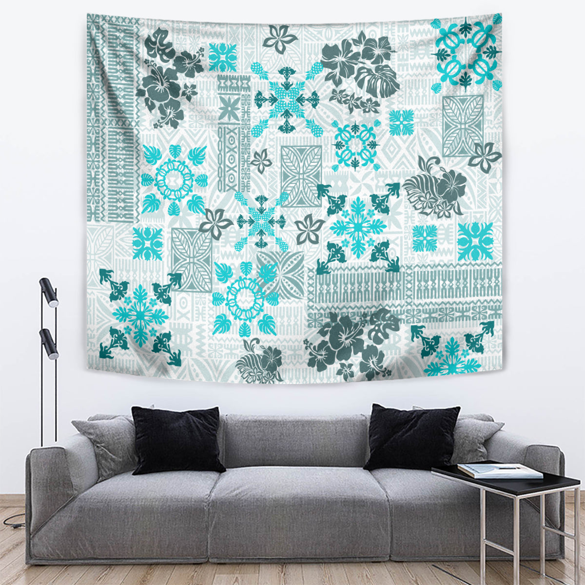 Hawaii Tapa Tribal Tapestry With Hawaiian Quilt Pattern Aqua - Wonder Print Shop