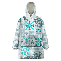 Hawaii Tapa Tribal Wearable Blanket Hoodie With Hawaiian Quilt Pattern Aqua - Wonder Print Shop