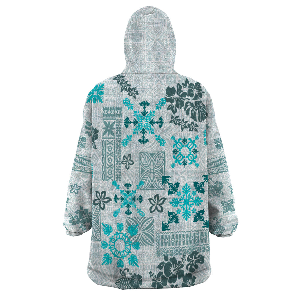 Hawaii Tapa Tribal Wearable Blanket Hoodie With Hawaiian Quilt Pattern Aqua - Wonder Print Shop