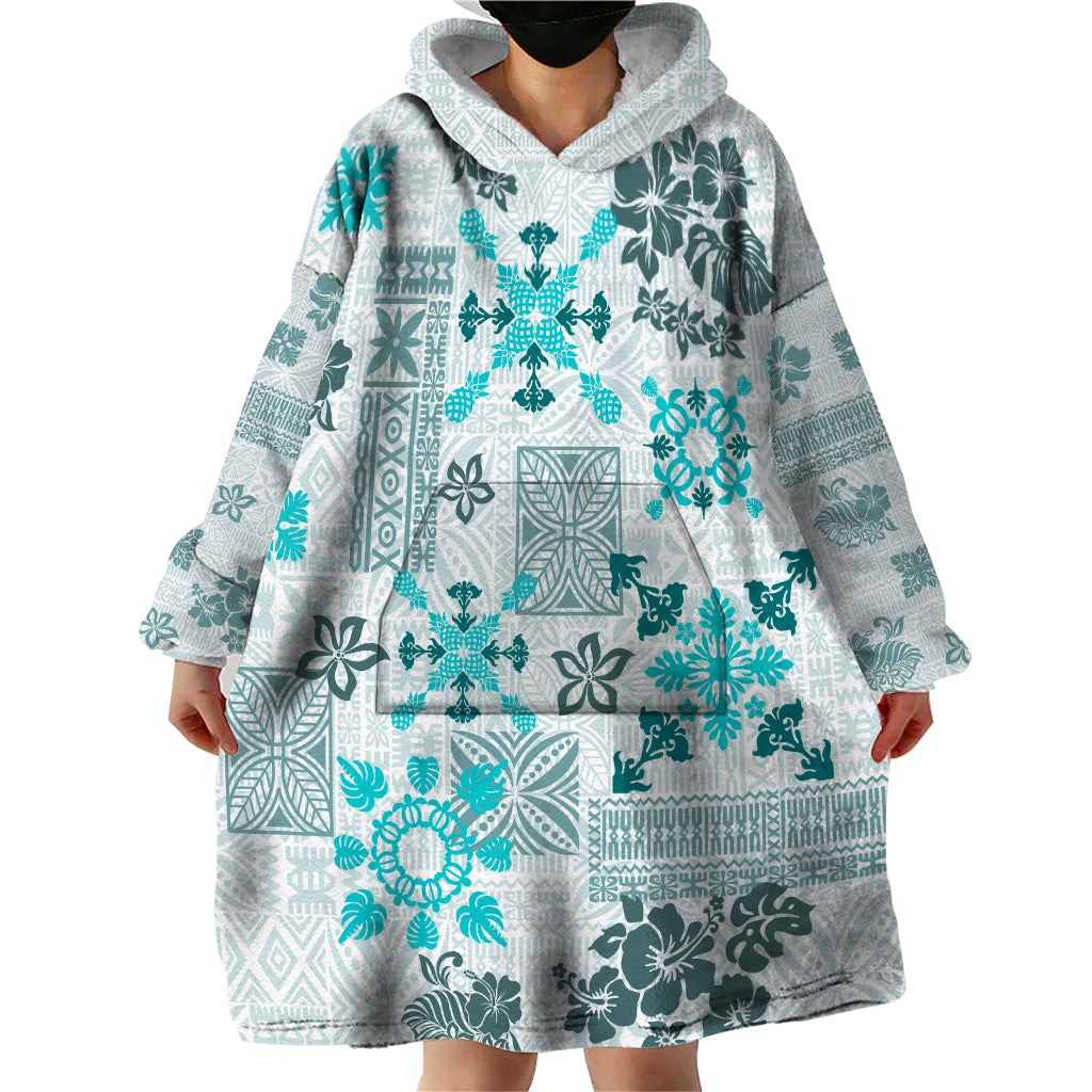 Hawaii Tapa Tribal Wearable Blanket Hoodie With Hawaiian Quilt Pattern Aqua - Wonder Print Shop