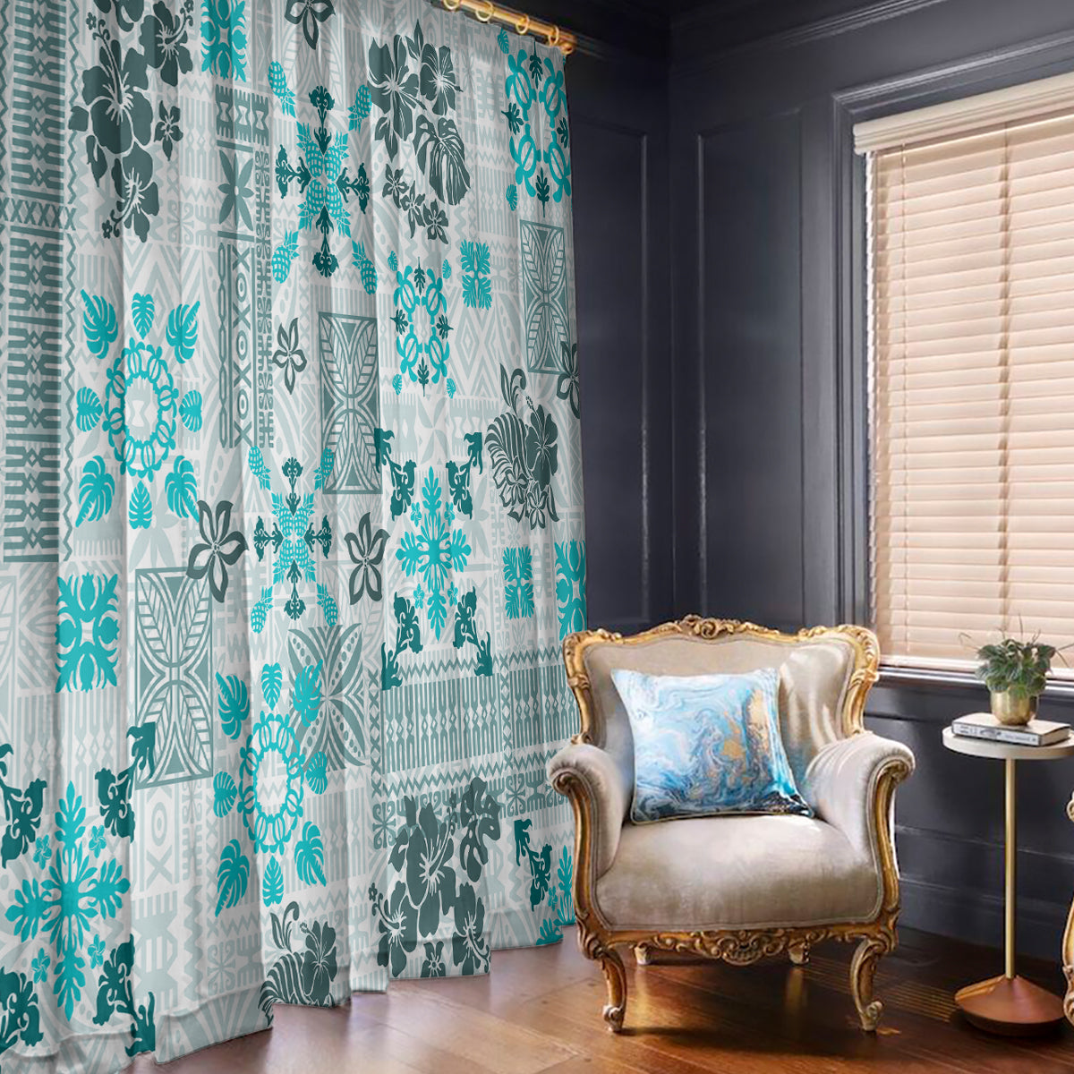 Hawaii Tapa Tribal Window Curtain With Hawaiian Quilt Pattern Aqua - Wonder Print Shop