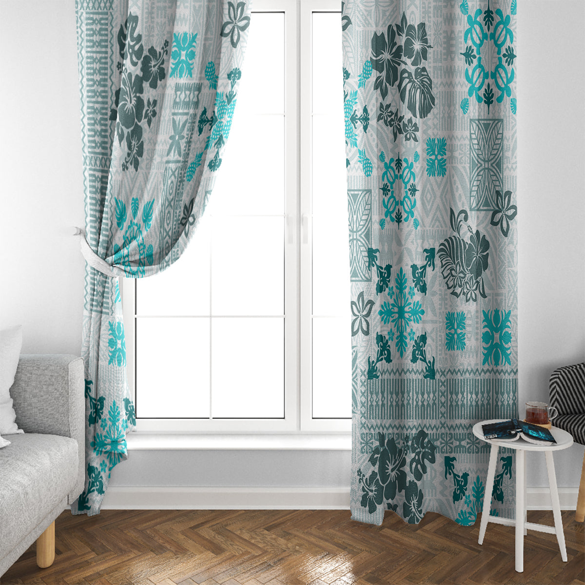 Hawaii Tapa Tribal Window Curtain With Hawaiian Quilt Pattern Aqua - Wonder Print Shop