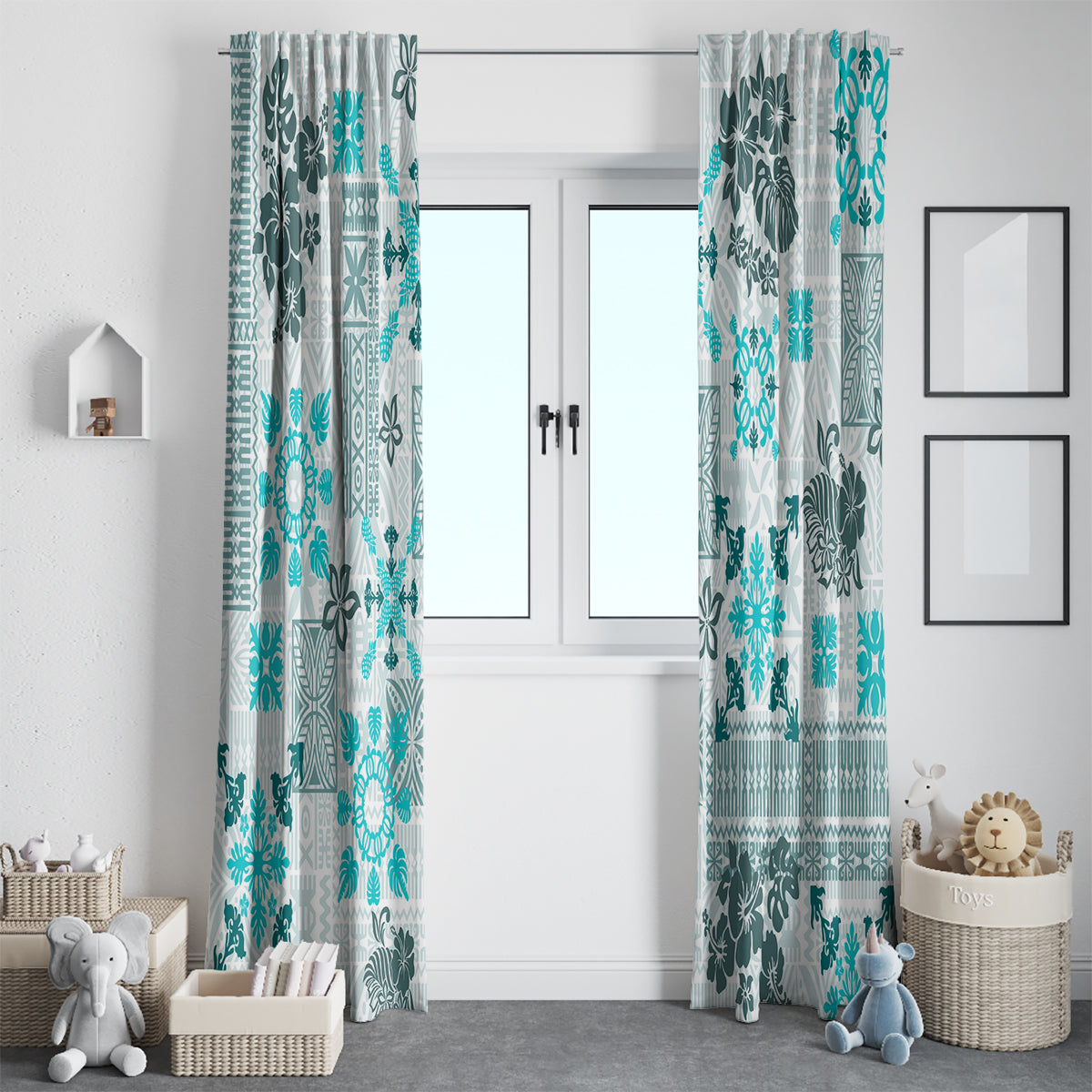 Hawaii Tapa Tribal Window Curtain With Hawaiian Quilt Pattern Aqua - Wonder Print Shop