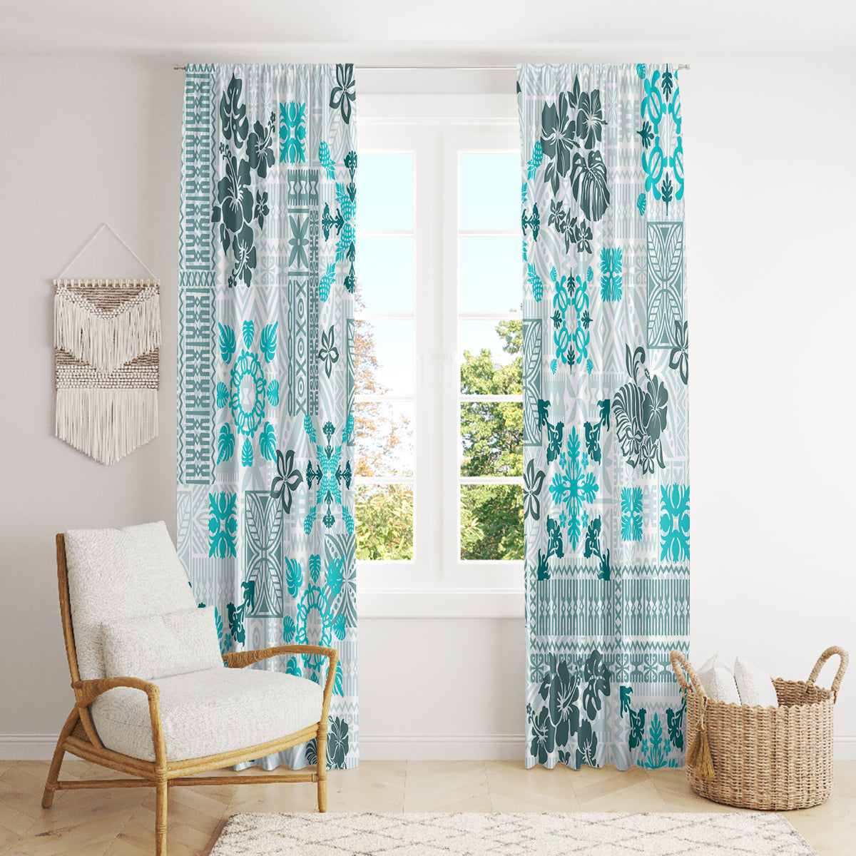 Hawaii Tapa Tribal Window Curtain With Hawaiian Quilt Pattern Aqua - Wonder Print Shop