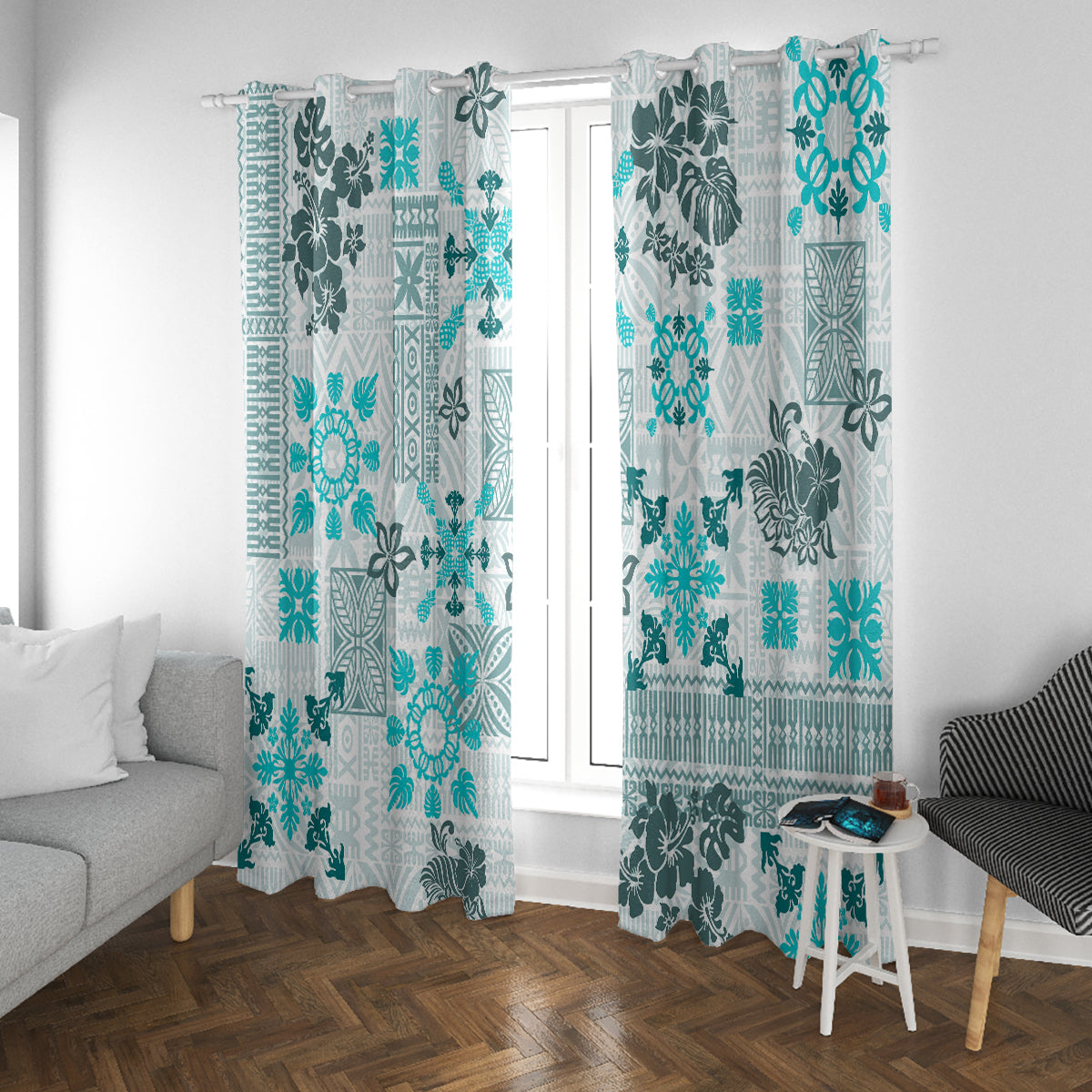 Hawaii Tapa Tribal Window Curtain With Hawaiian Quilt Pattern Aqua - Wonder Print Shop