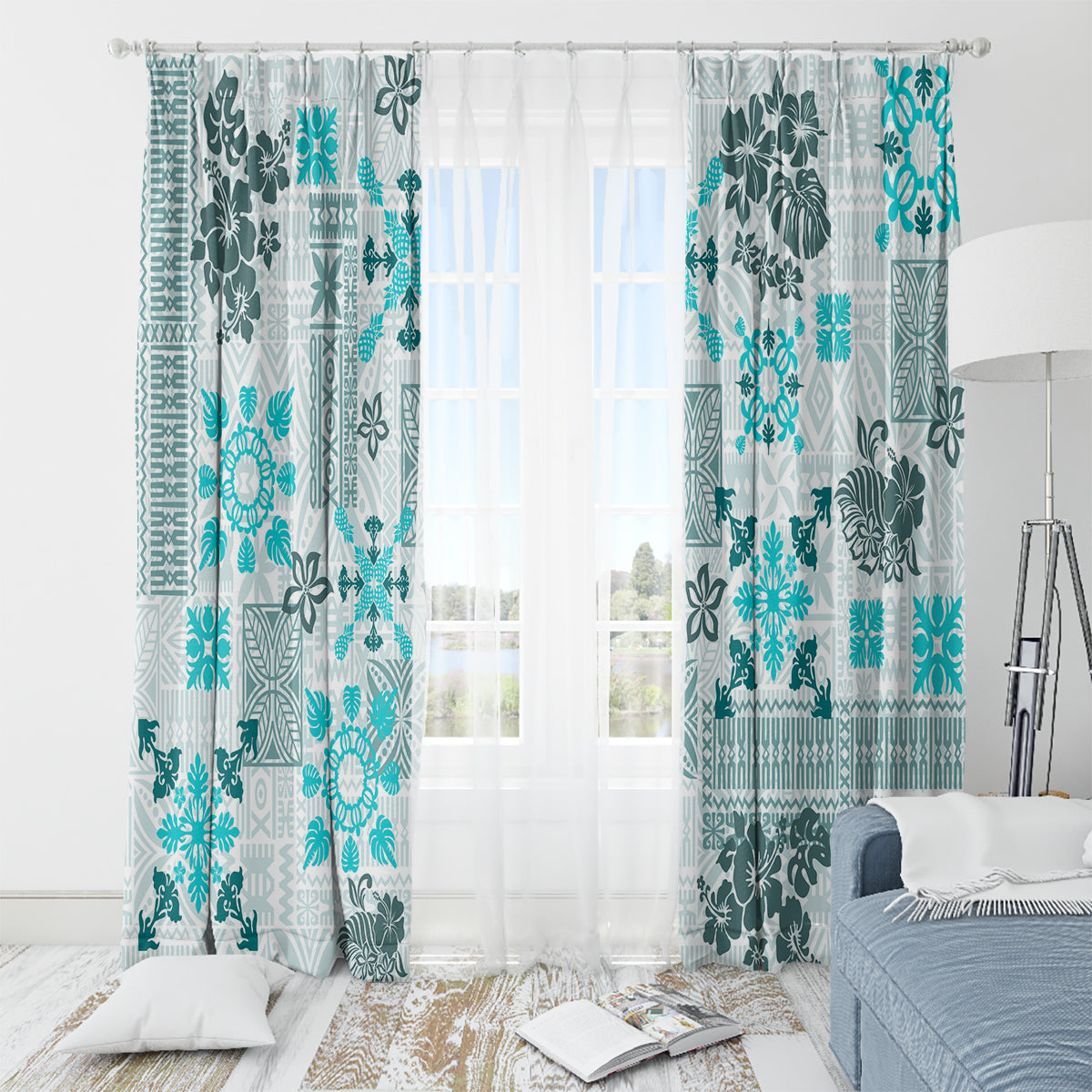 Hawaii Tapa Tribal Window Curtain With Hawaiian Quilt Pattern Aqua - Wonder Print Shop