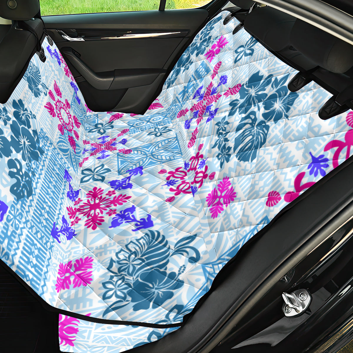 Hawaii Tapa Tribal Back Car Seat Cover With Hawaiian Quilt Pattern Blue LT9 - Wonder Print Shop