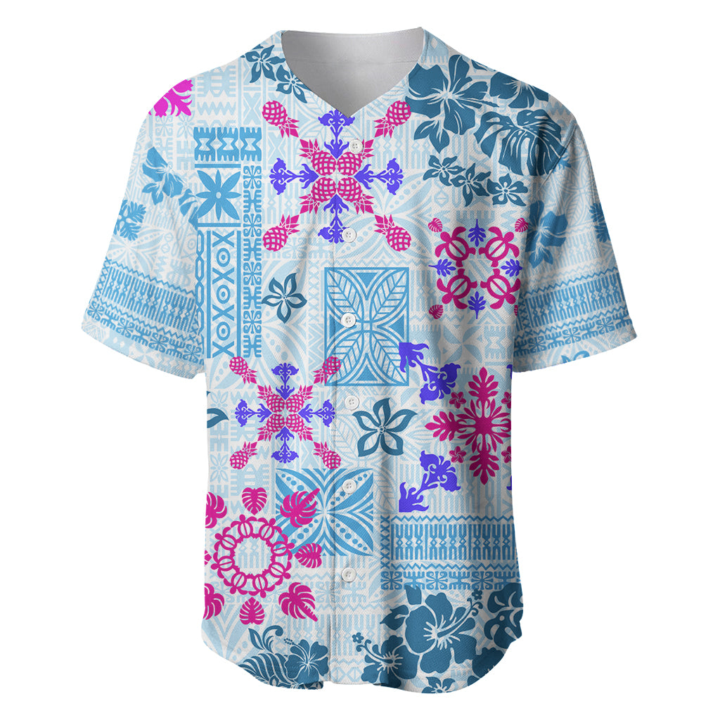 Hawaii Tapa Tribal Baseball Jersey With Hawaiian Quilt Pattern Blue LT9 - Wonder Print Shop