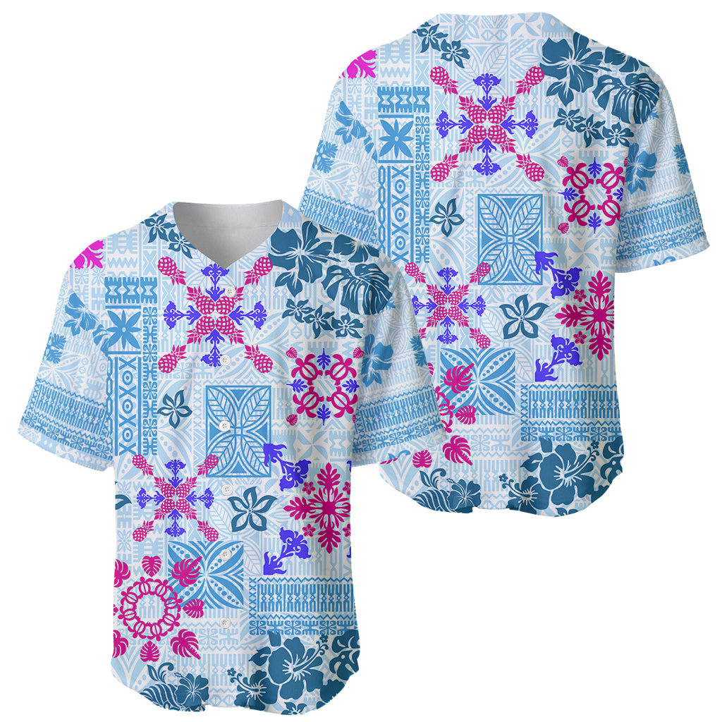 Hawaii Tapa Tribal Baseball Jersey With Hawaiian Quilt Pattern Blue LT9 - Wonder Print Shop