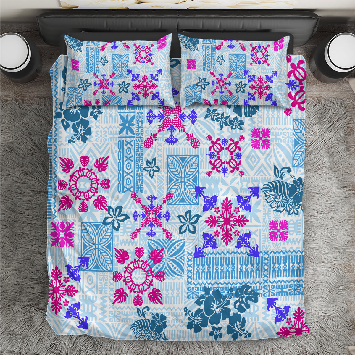 Hawaii Tapa Tribal Bedding Set With Hawaiian Quilt Pattern Blue LT9 - Wonder Print Shop