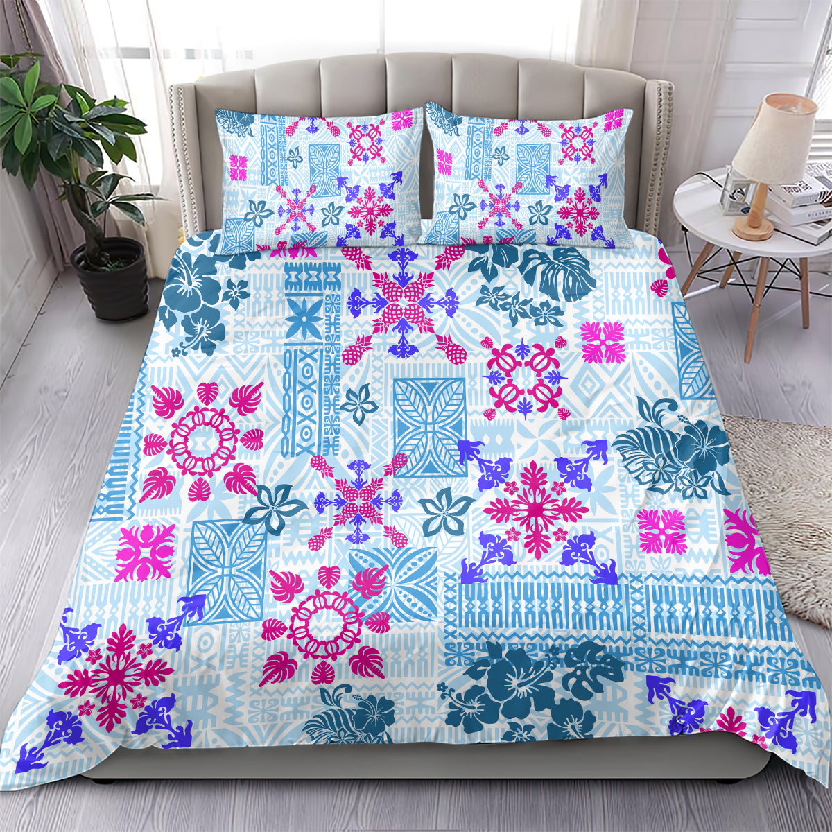 Hawaii Tapa Tribal Bedding Set With Hawaiian Quilt Pattern Blue LT9 - Wonder Print Shop