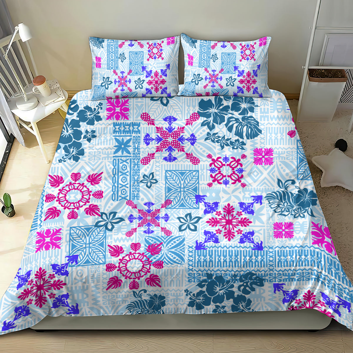 Hawaii Tapa Tribal Bedding Set With Hawaiian Quilt Pattern Blue LT9 - Wonder Print Shop