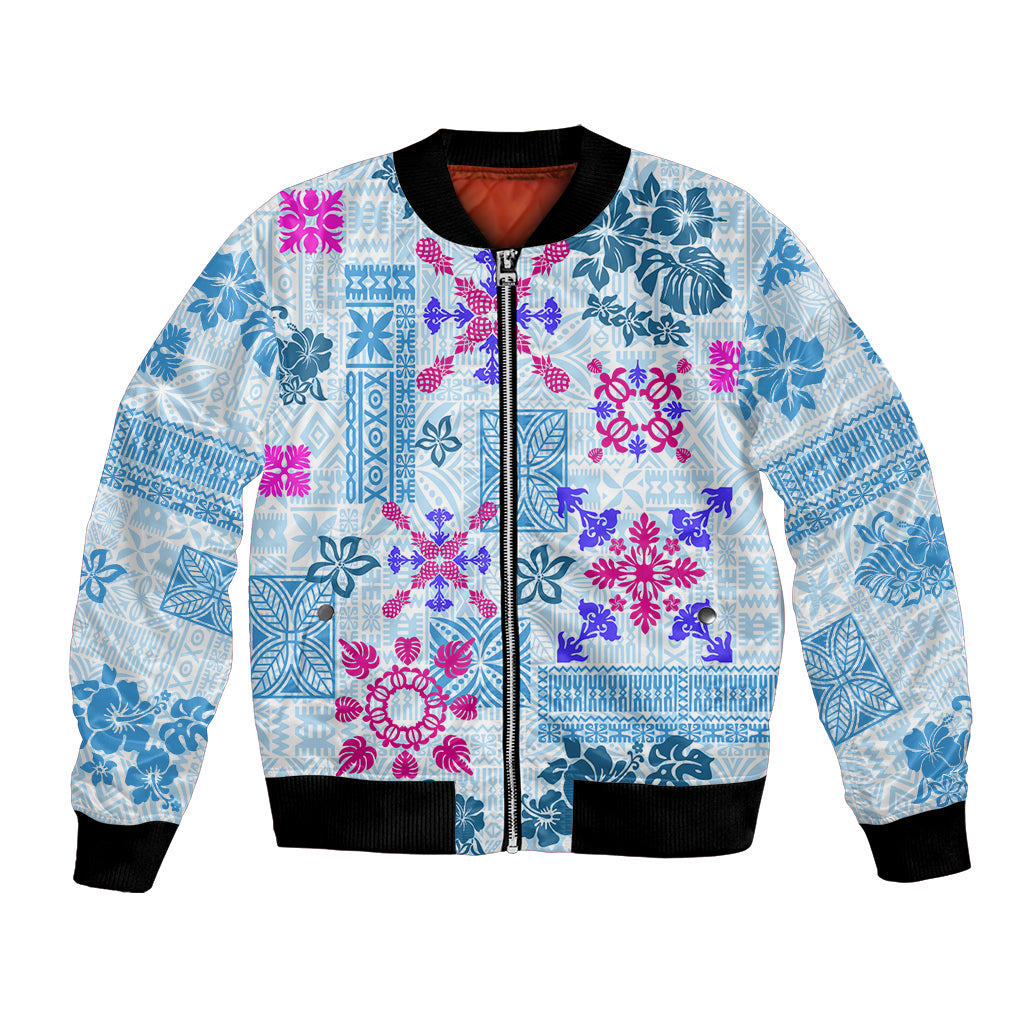 Hawaii Tapa Tribal Bomber Jacket With Hawaiian Quilt Pattern Blue LT9 - Wonder Print Shop