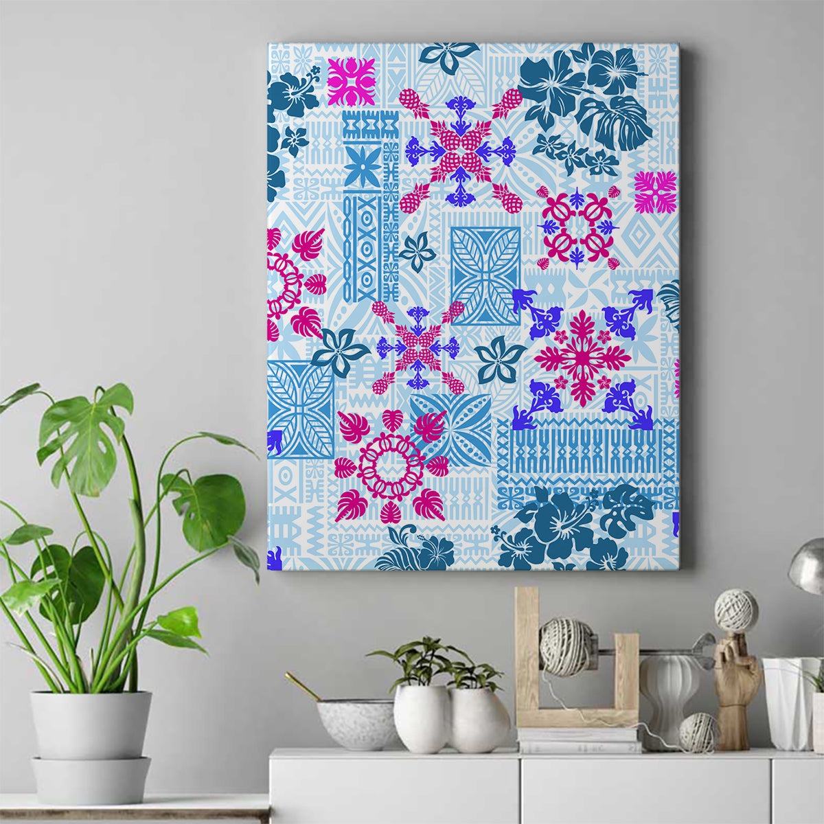 Hawaii Tapa Tribal Canvas Wall Art With Hawaiian Quilt Pattern Blue LT9 - Wonder Print Shop
