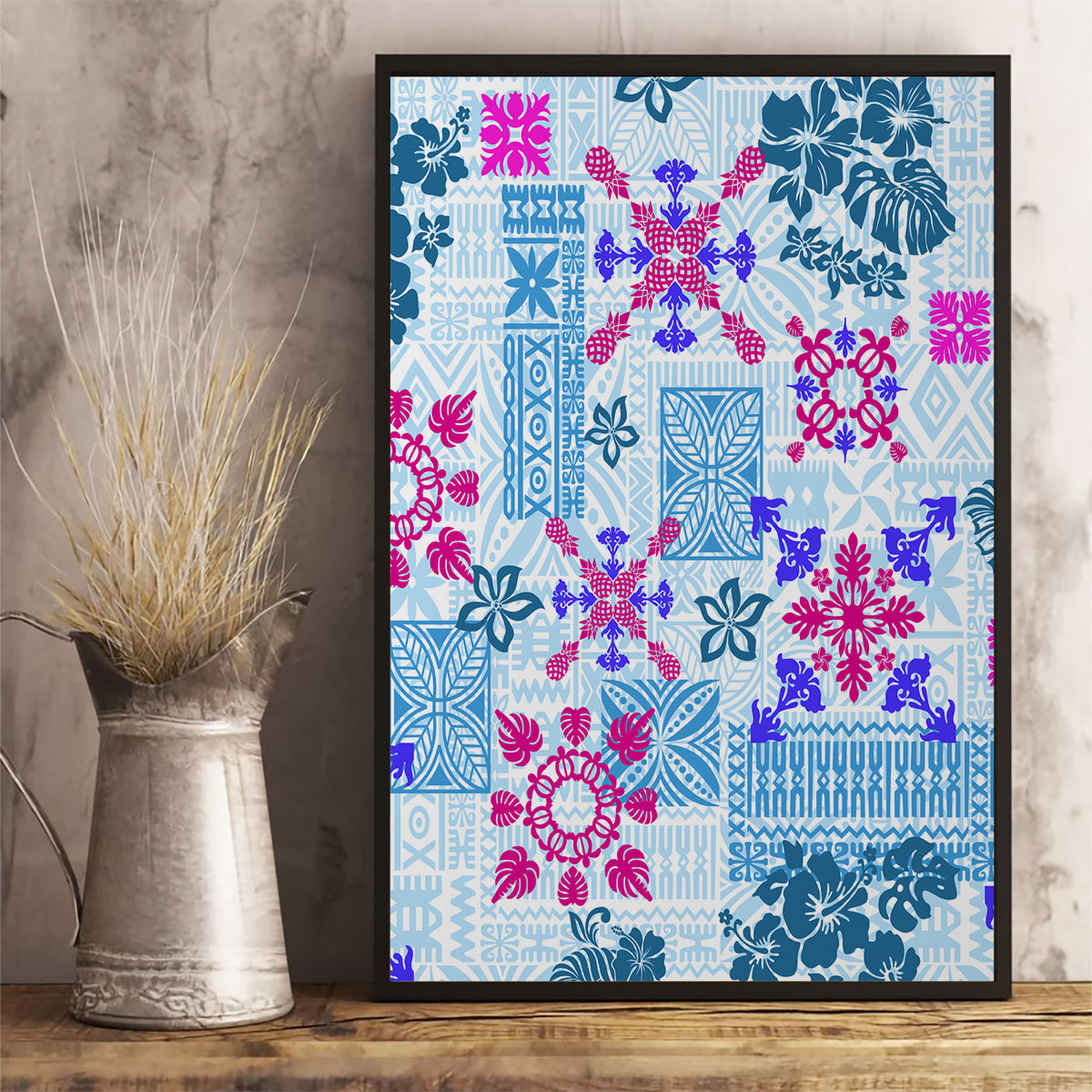 Hawaii Tapa Tribal Canvas Wall Art With Hawaiian Quilt Pattern Blue LT9 - Wonder Print Shop