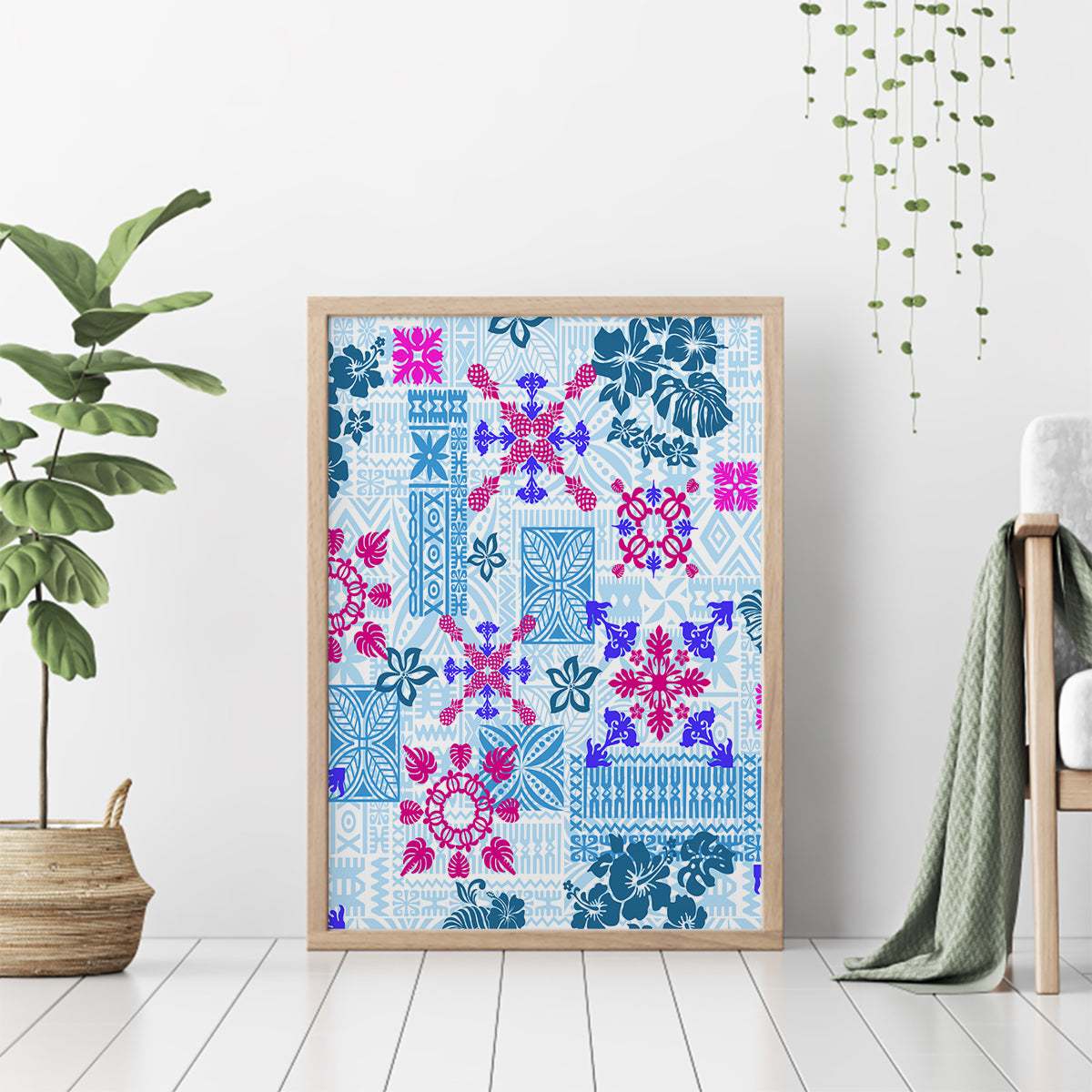 Hawaii Tapa Tribal Canvas Wall Art With Hawaiian Quilt Pattern Blue LT9 - Wonder Print Shop