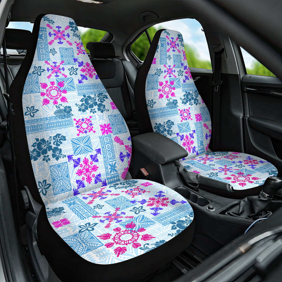 Hawaii Tapa Tribal Car Seat Cover With Hawaiian Quilt Pattern Blue LT9 - Wonder Print Shop