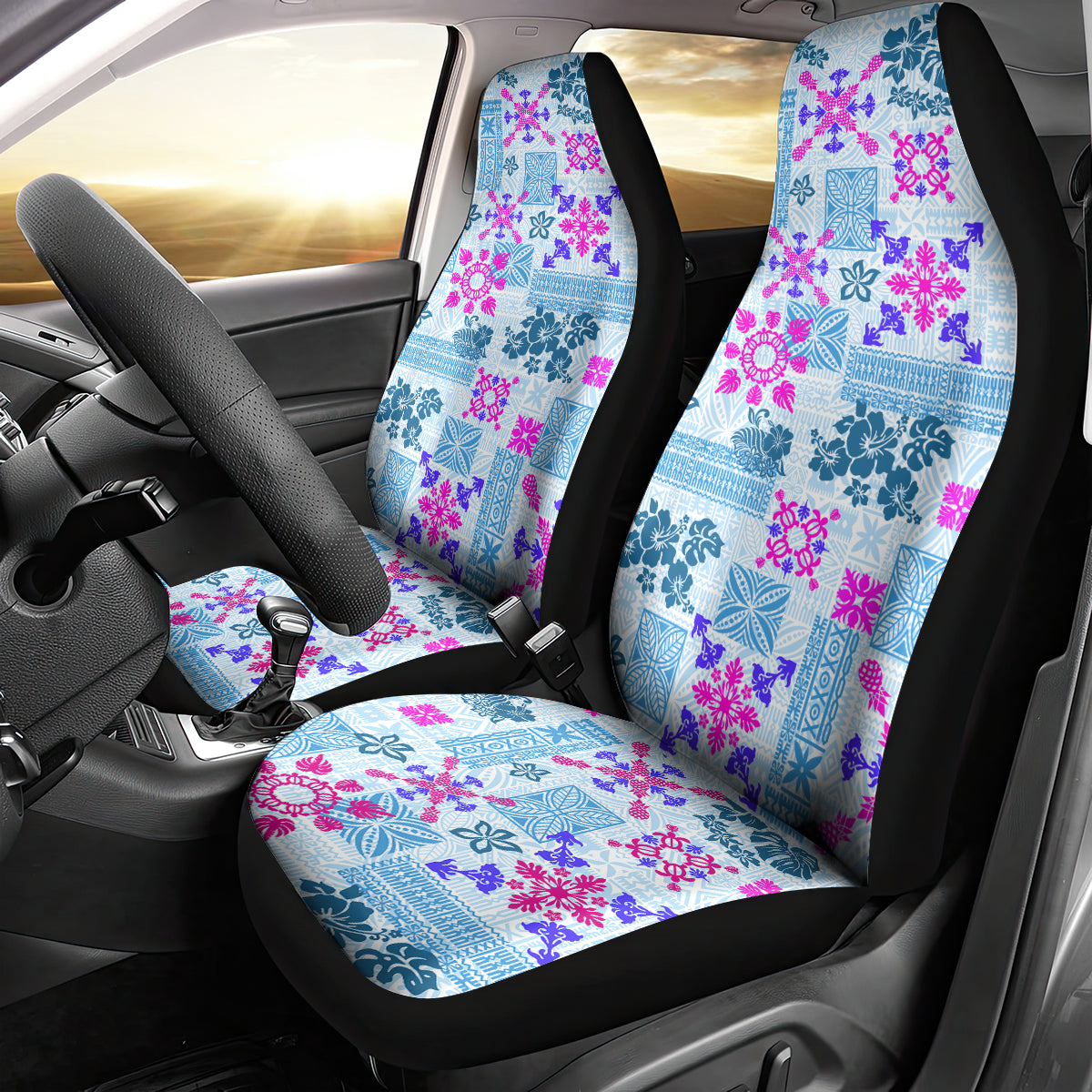 Hawaii Tapa Tribal Car Seat Cover With Hawaiian Quilt Pattern Blue LT9 - Wonder Print Shop